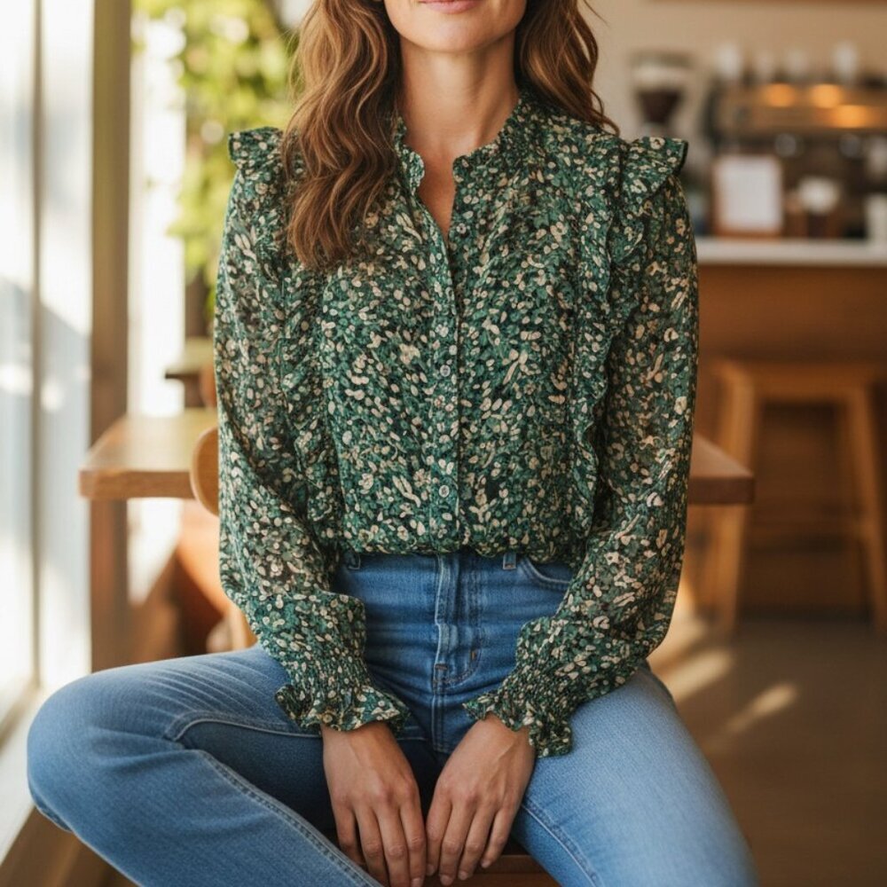 Counterparts Blouse Womens L Green Paisley New Long Sleeves Ruffle